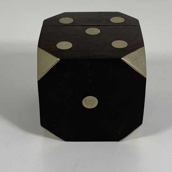 Bella Lux Wooden Dice Box w/ Metal Accents + Five Mini Black Dice Set Vintage - Picture 7 of 10